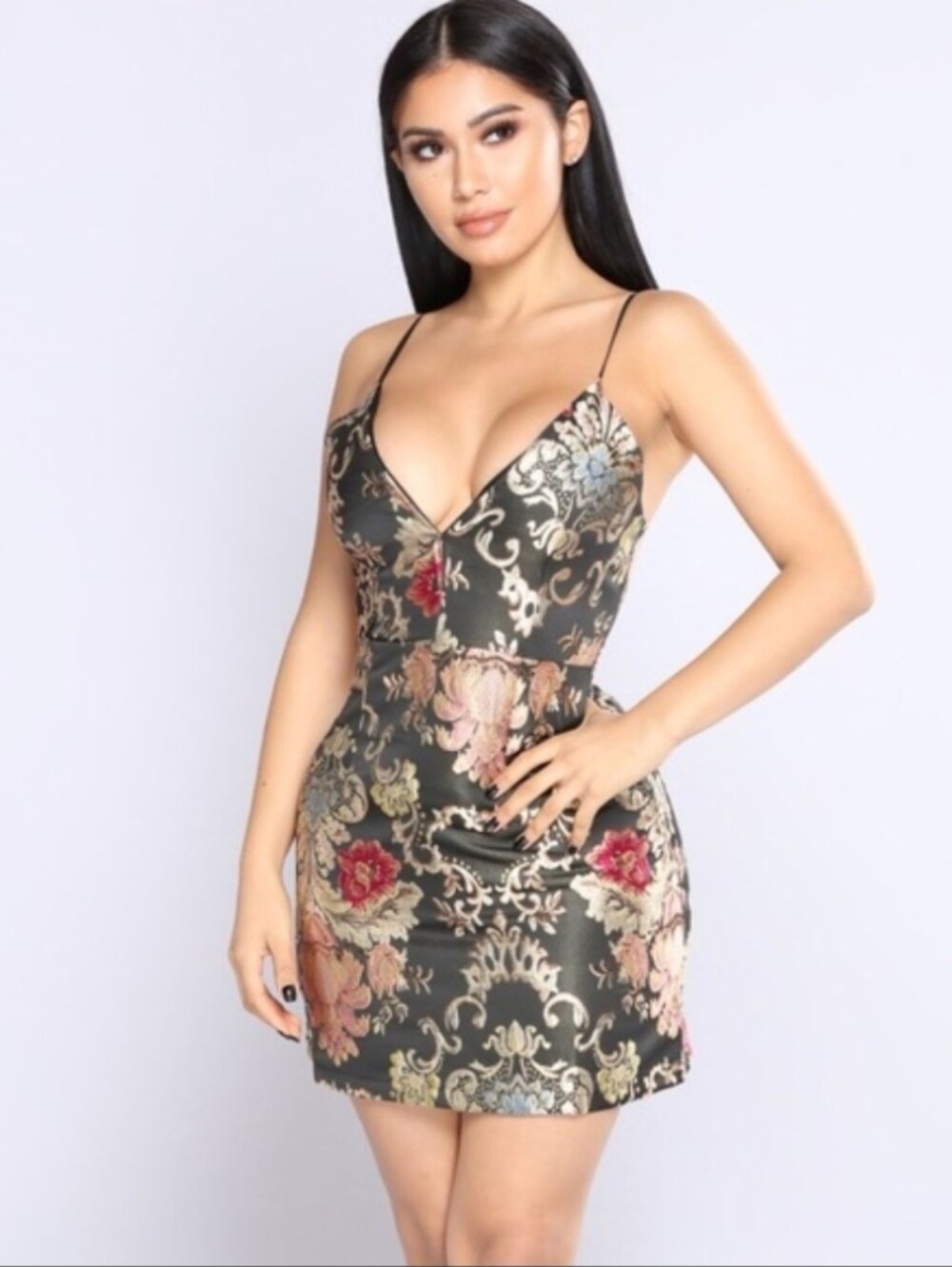 Fashion Nova Black Floral Jacquard Spaghetti Strap Mini Dress Size XL
